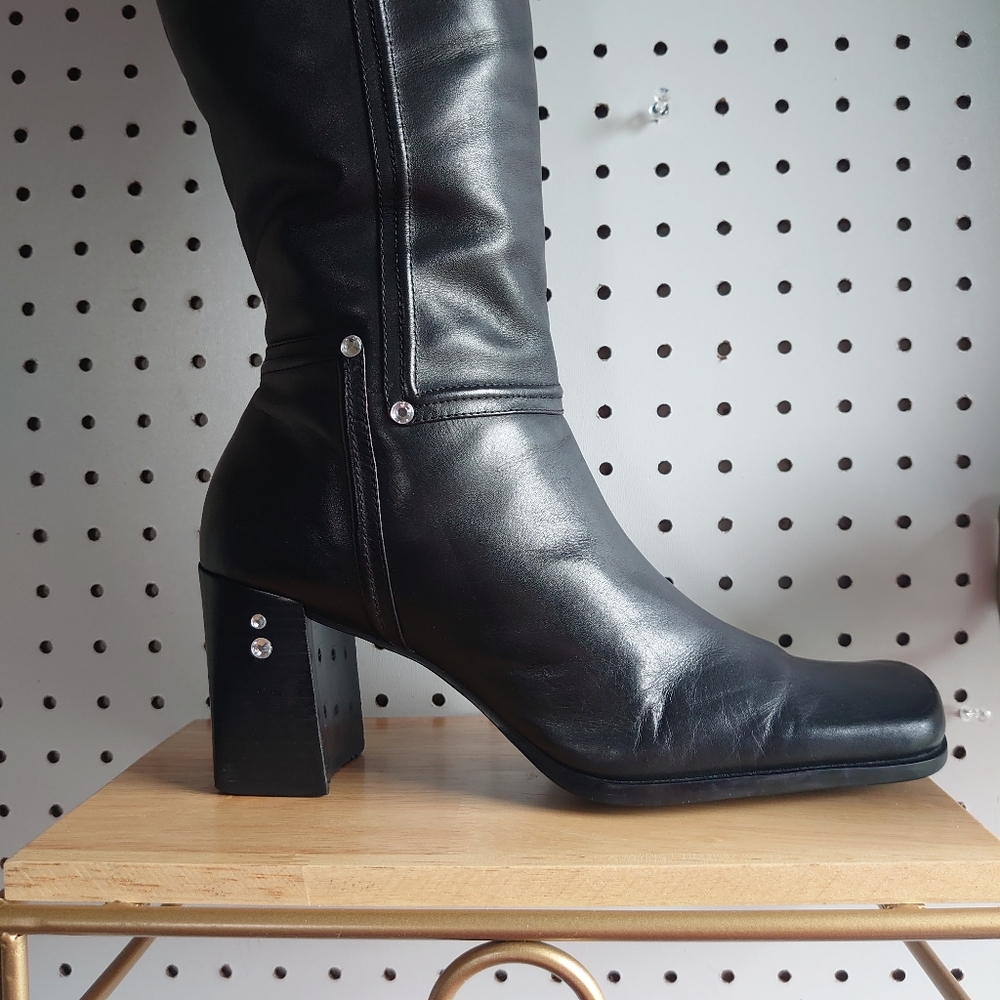 Westies Chunky Heel Block Leather, Fur And Rivet Rhinestone Winter Boots Black - Picture 12 of 14